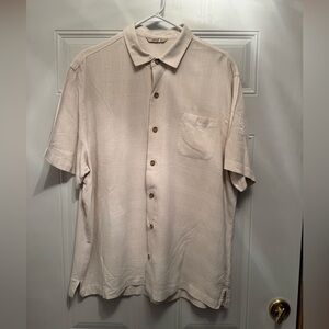 Paradise Island Shirt Mens XL Cream Short Sleeve Button Up Silk